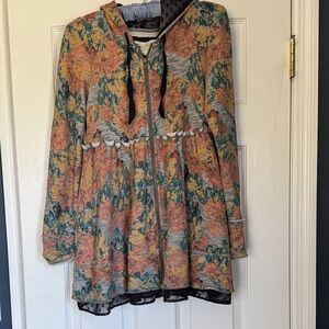 Floral Zip Hoodie Jacket in Peach & Teal